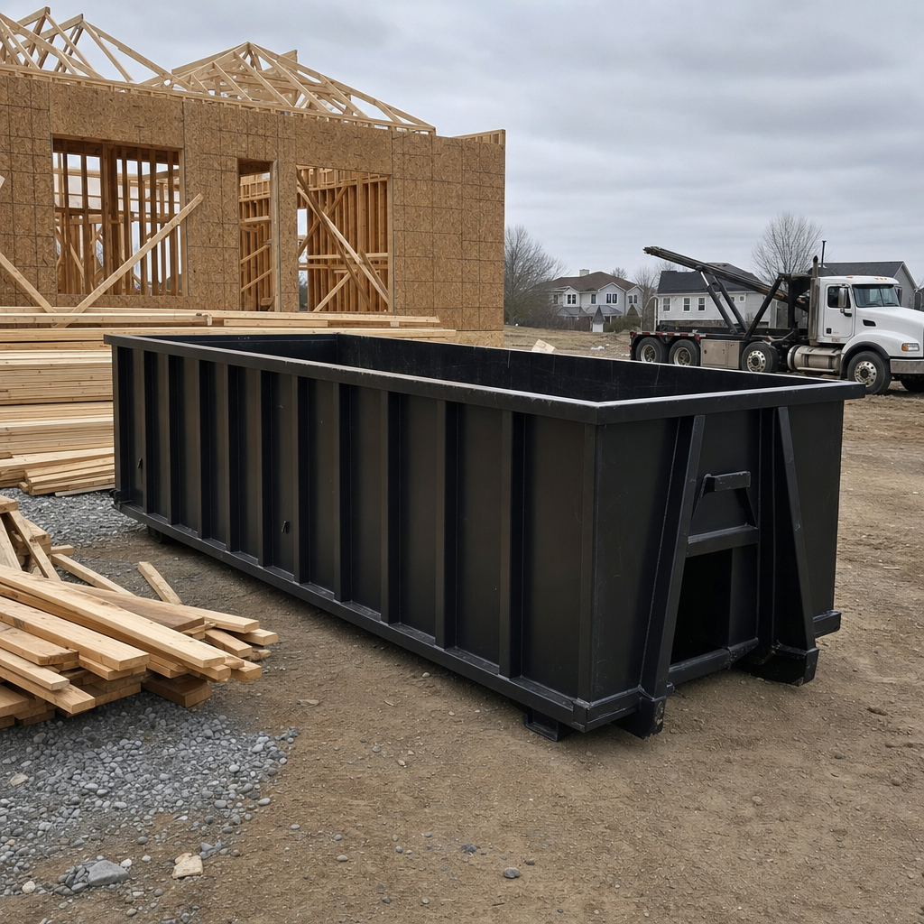 Matte-black 40-yard roll-off dumpster staged on a framed-out residential construction site in Worcester, framing lumber stacked nearby, hooklift delivery truck visible in the background under bright Colorado daylight