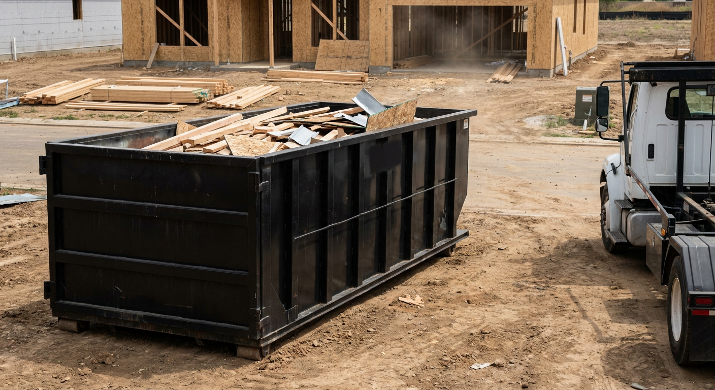 Matte-black 20-yard roll-off construction dumpster with heavy ribbed steel sidewalls and swing rear doors at a working jobsite in Worcester, sitting directly on compacted dirt with an unmarked white hauler partially visible at the far edge of the frame.