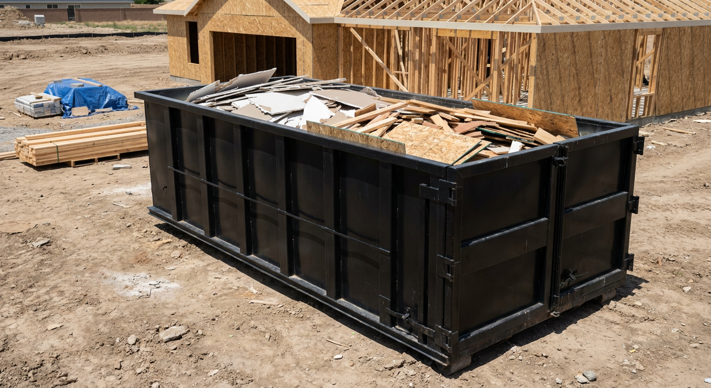 Matte-black 30-yard roll-off construction dumpster sitting directly on the compacted-dirt site of a framed single-family home build in Worcester, drywall and lumber scrap loaded inside.