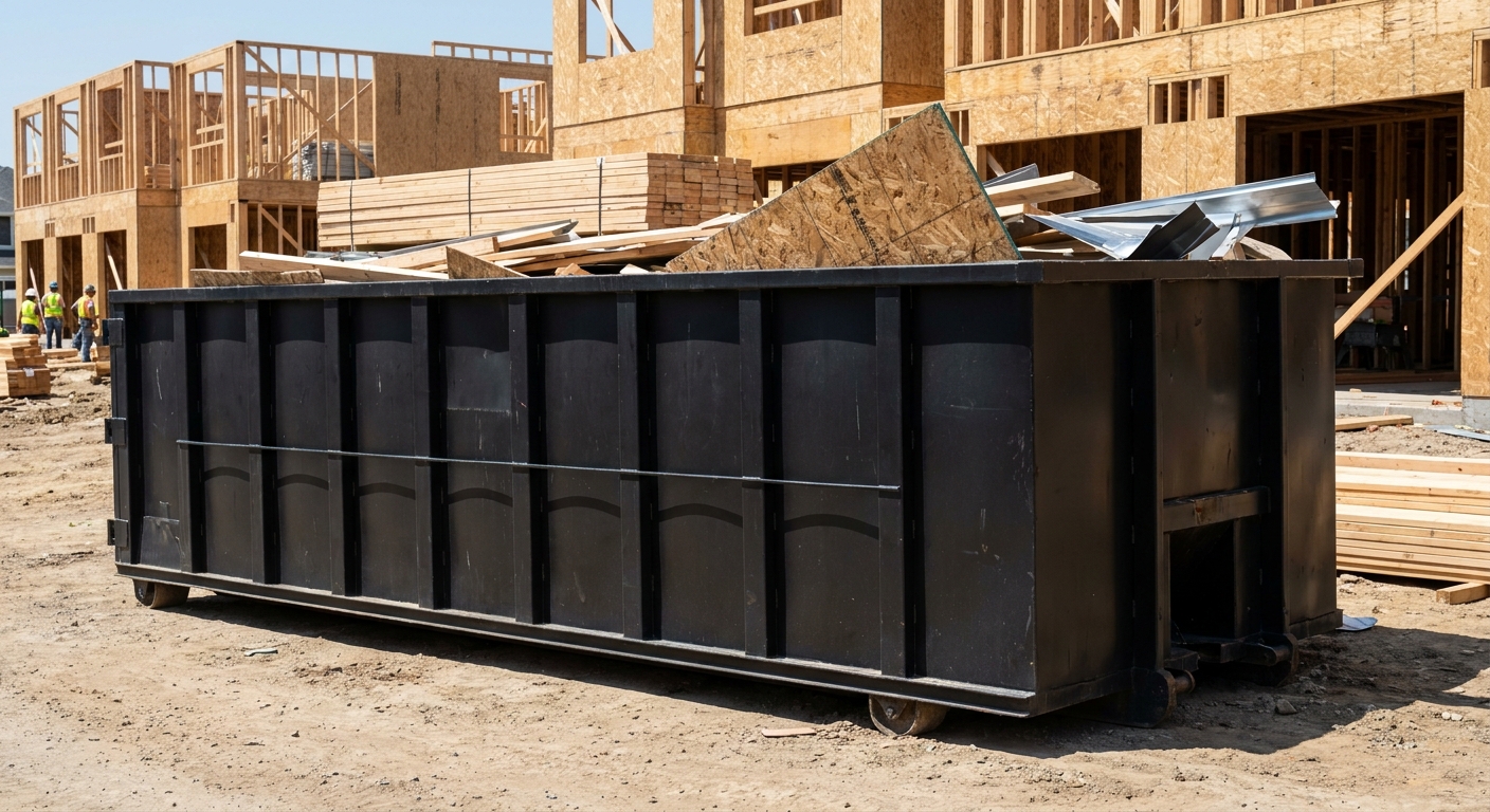 Matte-black 40-yard roll-off construction dumpster being lowered from a white-cab hooklift delivery truck onto the compacted-dirt jobsite at a commercial build site in Worcester