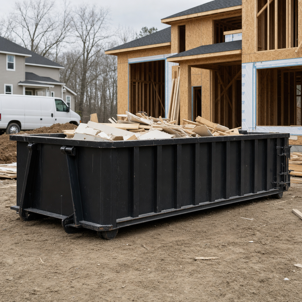 Worker in a yellow high-visibility vest tossing framing lumber and broken drywall into a matte-black 30-yard construction roll-off dumpster on an active build site in Worcester, bright daylight