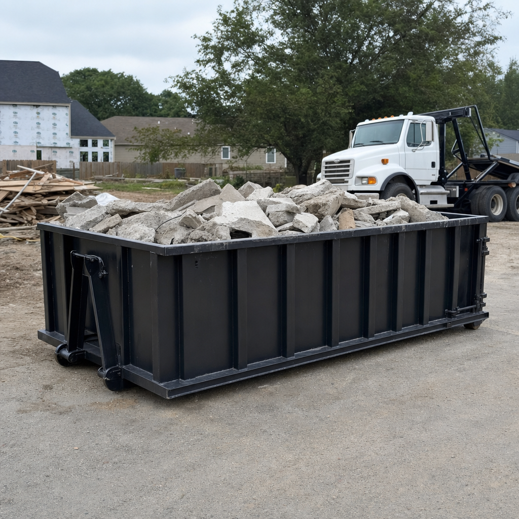 Low-profile matte-black lowboy roll-off dumpster loaded with broken concrete slab and rebar at a foundation tear-out in Worcester, skid steer parked beside it, sunny Colorado morning