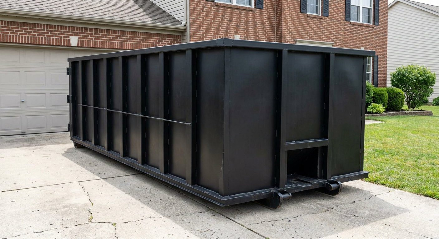 Matte-black 20-yard roll-off container on a Worcester residential concrete driveway with reinforced ribbed steel sidewalls and a hinged rear walk-in door, clean bright daylight.