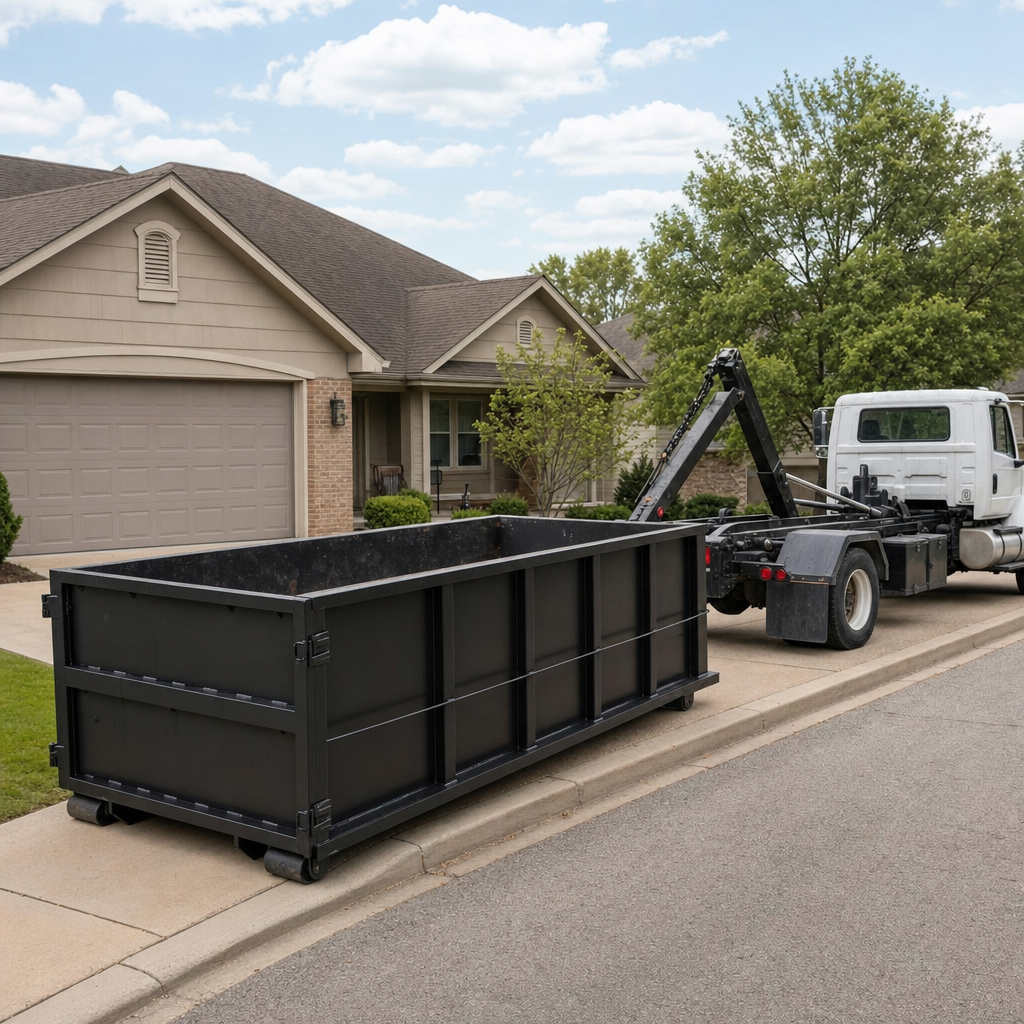 Wide documentary shot of a matte-black roll-off dumpster on a Worcester residential driveway in the foreground and a contractor jobsite container in the soft-focus background, bright daylight, calm and orderly composition.