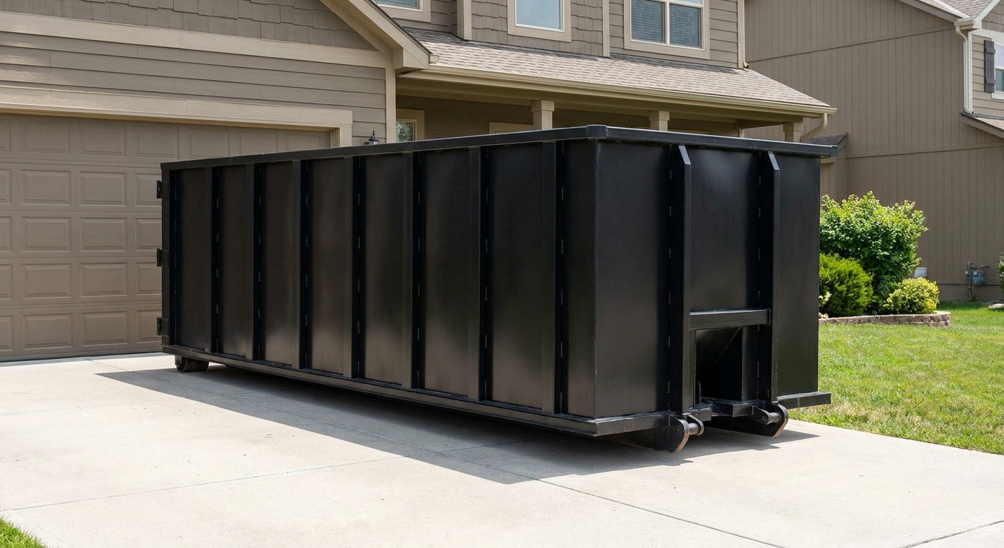 Matte-black residential roll-off dumpster sitting directly on a suburban Worcester concrete driveway, garage door closed, single-family home in background, bright morning daylight.