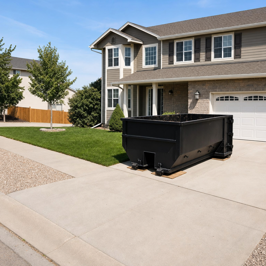 10-yard matte-black residential dumpster placed directly on a narrow Worcester concrete driveway, room remains for a parked sedan beside it, mid-morning natural light