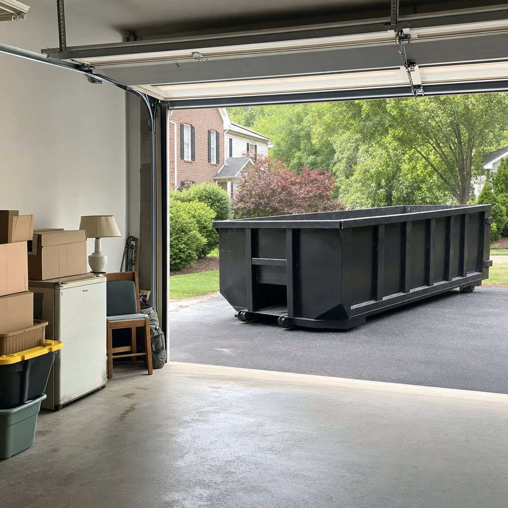 Open garage interior in a Worcester home mid-cleanout — boxed items, an old appliance, and stacked yard tools queued near the driveway for a matte-black roll-off dumpster, organized and calm