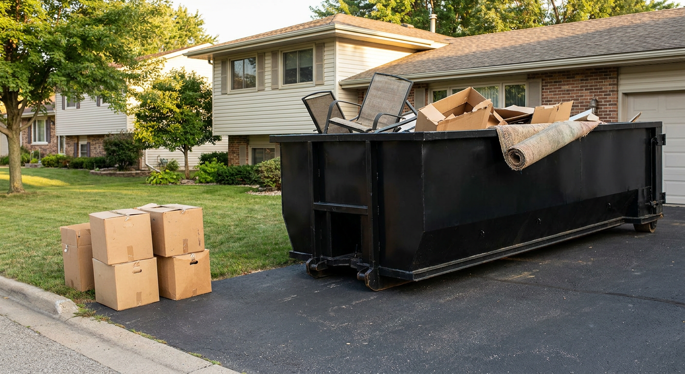 Front-yard view of a Worcester split-level home with a 20-yard matte-black roll-off dumpster sitting directly on the asphalt driveway, a few clearly labeled donation boxes staged at the curb, calm sunny afternoon.