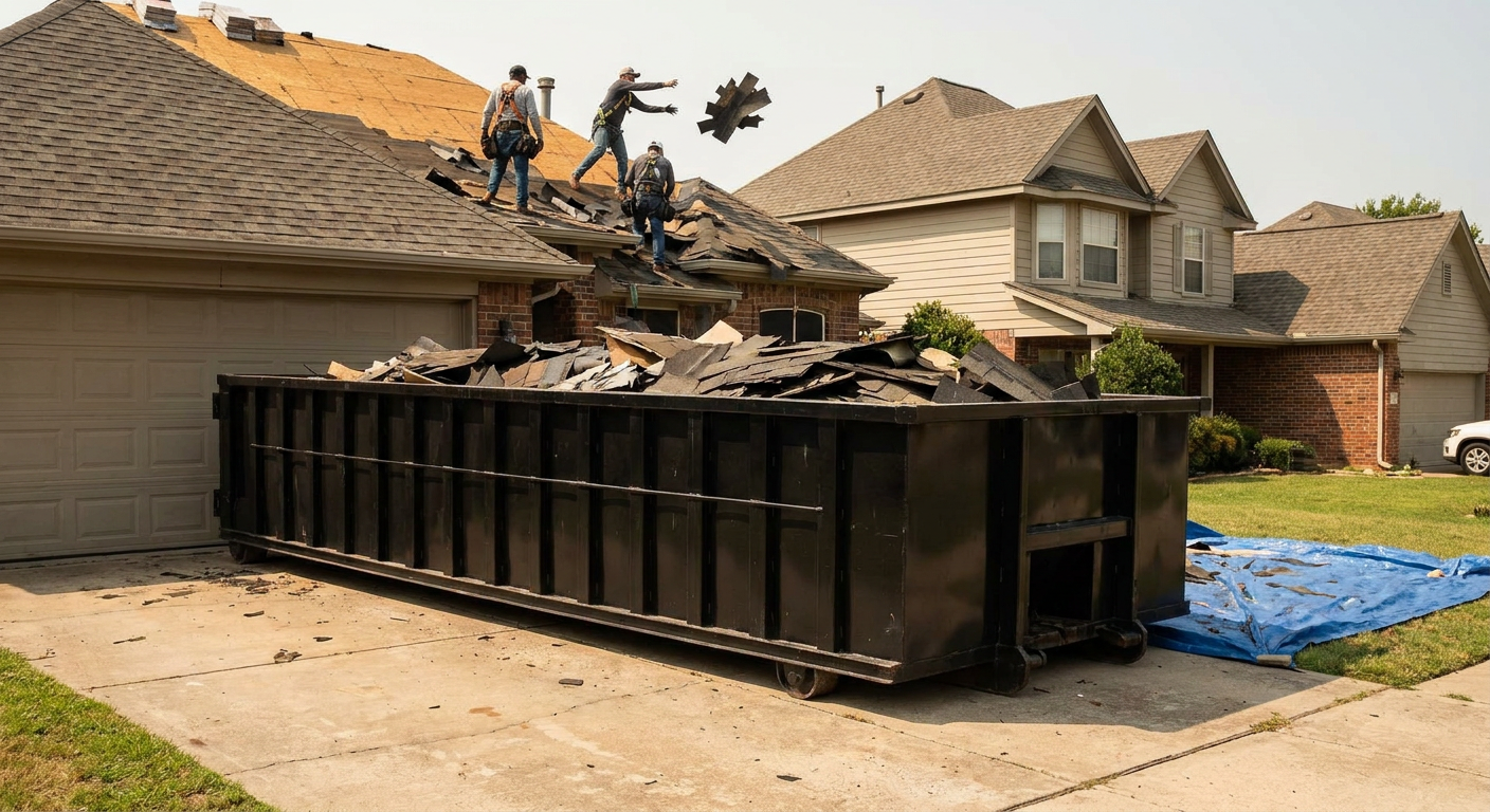 Matte-black roofing roll-off dumpster placed directly on a Worcester residential concrete driveway, a tear-off crew on a two-story asphalt-shingle roof tossing shingle bundles into the low-walled container, bright daylight, documentary 35mm perspective.