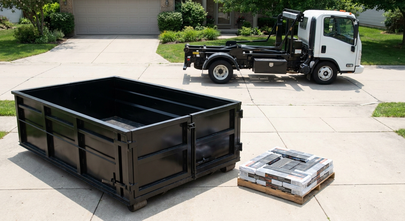 Matte-black 15-yard roofing roll-off dumpster with reinforced low side walls sitting directly on a Worcester residential concrete driveway, three-tab asphalt shingle bundles stacked nearby, an unmarked white hauler truck partially visible at the edge of the frame.