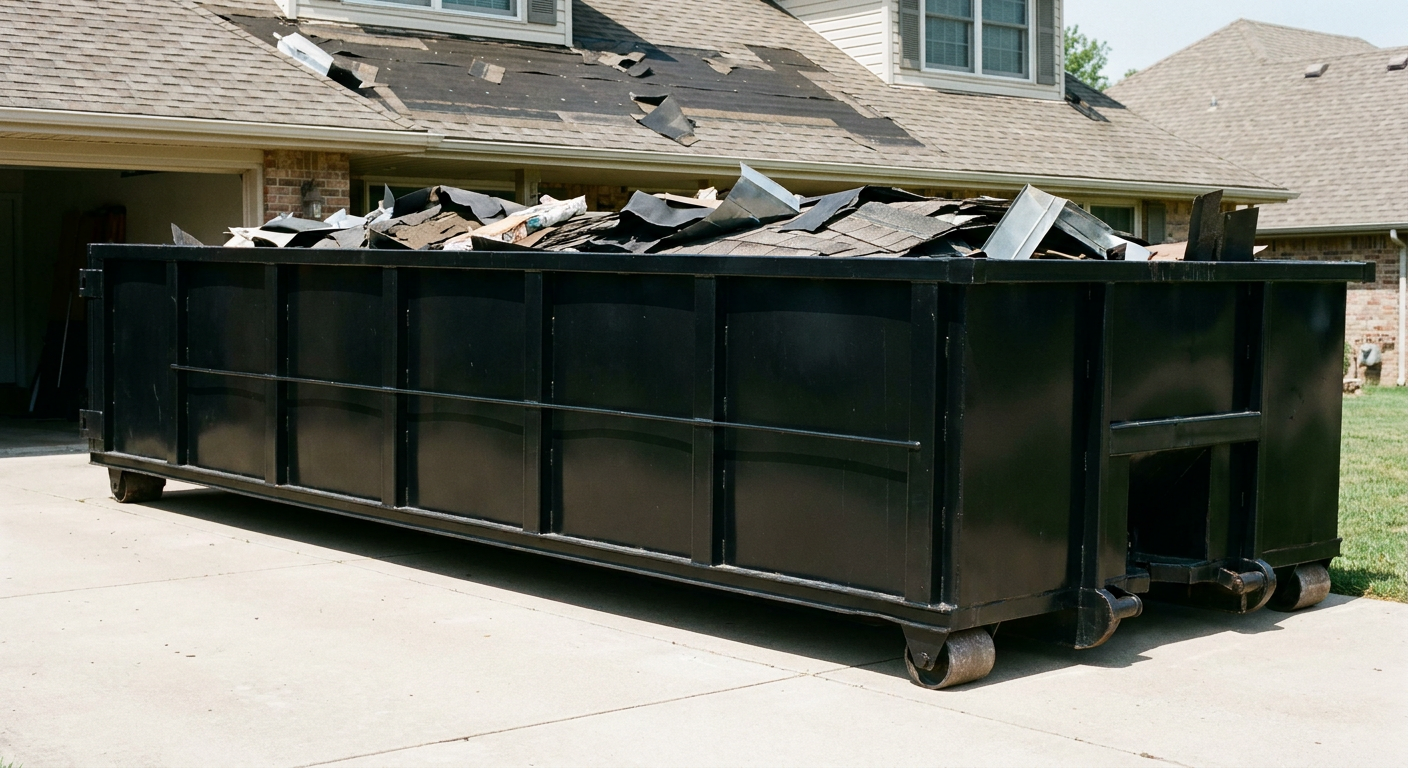 Matte-black 20-yard roofing roll-off dumpster with steel ribbed sides and swinging rear door, sitting directly on the concrete driveway of a two-story Worcester home, asphalt shingle debris being loaded over the low wall, clean documentary lighting.