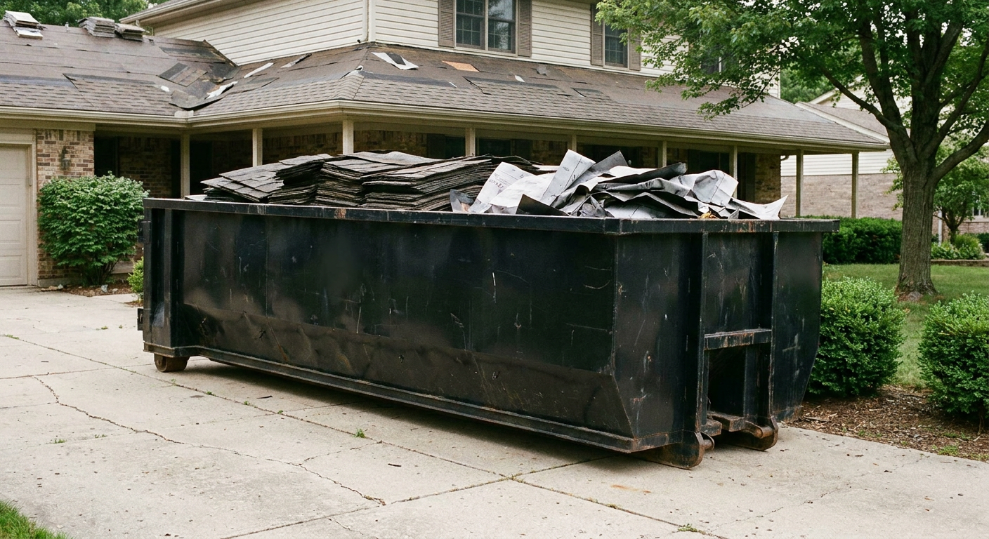 Matte-black 30-yard roofing roll-off dumpster sitting directly on a Worcester concrete driveway, taller ribbed steel side panels, mixed tear-off debris of asphalt shingles and underlayment inside, professional documentary daylight.