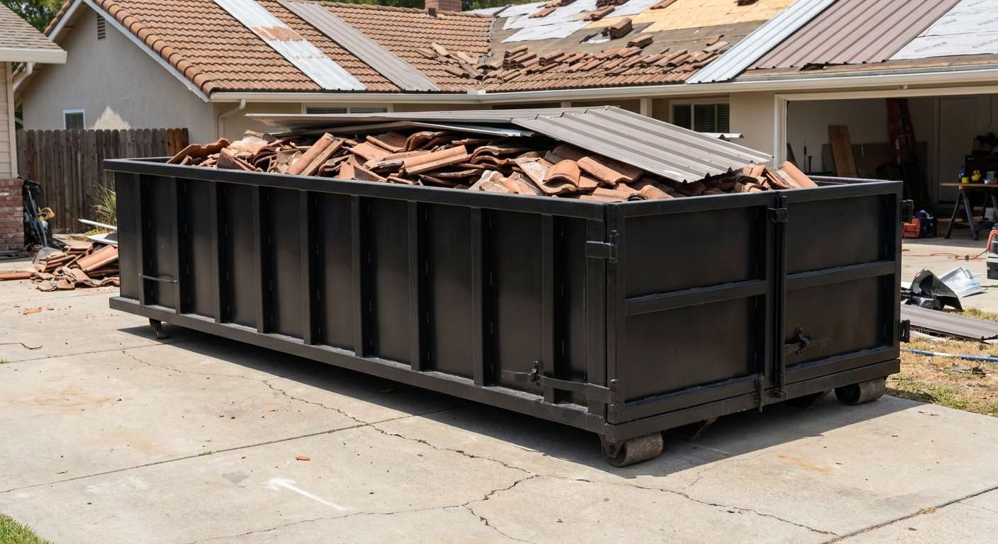 Matte-black low-wall heavy-debris roofing roll-off dumpster sitting directly on a Worcester concrete driveway, broken concrete clay roof tiles and metal panel sections loaded inside, reinforced ribbed steel side walls visible, bright outdoor daylight.