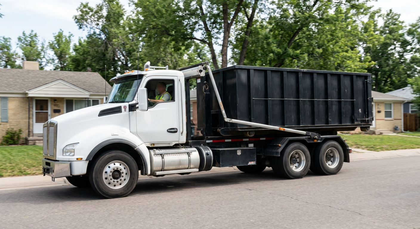 A wide documentary shot of a matte-black roll-off delivery truck pulling onto a quiet Worcester residential street at mid-morning, with neighborhood rooftops and tree-lined blocks visible behind, showing the metro coverage footprint.
