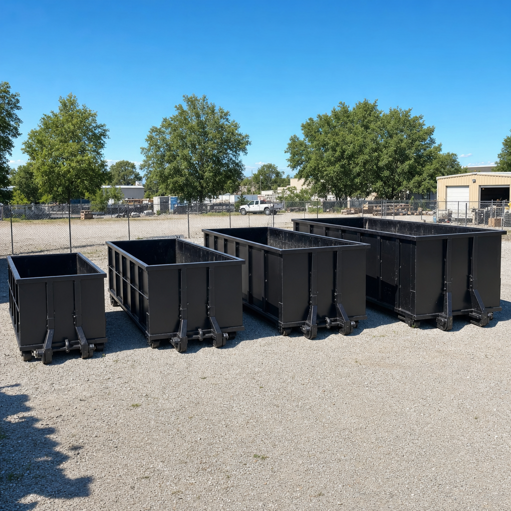 A clean lineup of matte-black roll-off dumpsters in 10, 20, 30, and 40-yard sizes staged on a sunlit gravel yard in Worcester, showing the size progression from compact to commercial-scale containers.