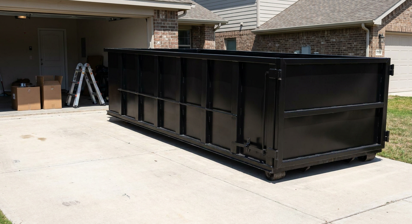 A matte-black 10-yard roll-off dumpster sitting directly on a residential Worcester concrete driveway, mid-day sunlight, clean and ready for a garage cleanout.
