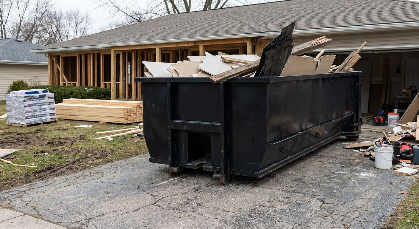 A matte-black 20-yard roll-off dumpster placed alongside a mid-renovation Worcester home directly on the asphalt driveway, with framing materials and torn-off shingles staged neatly nearby.
