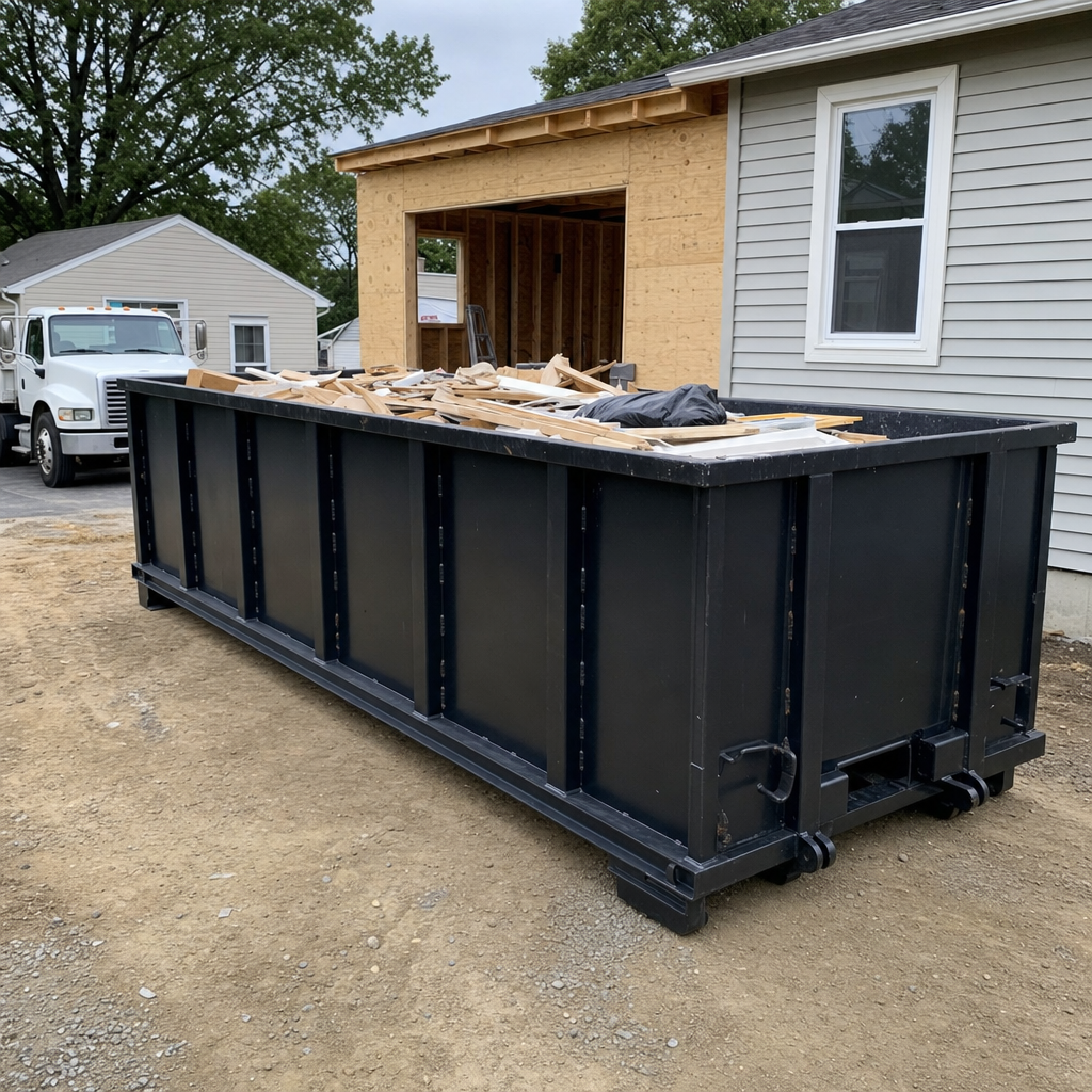 A matte-black 30-yard roll-off dumpster positioned at a Worcester residential addition jobsite, with framing lumber and drywall scraps loaded through the open swinging rear doors.