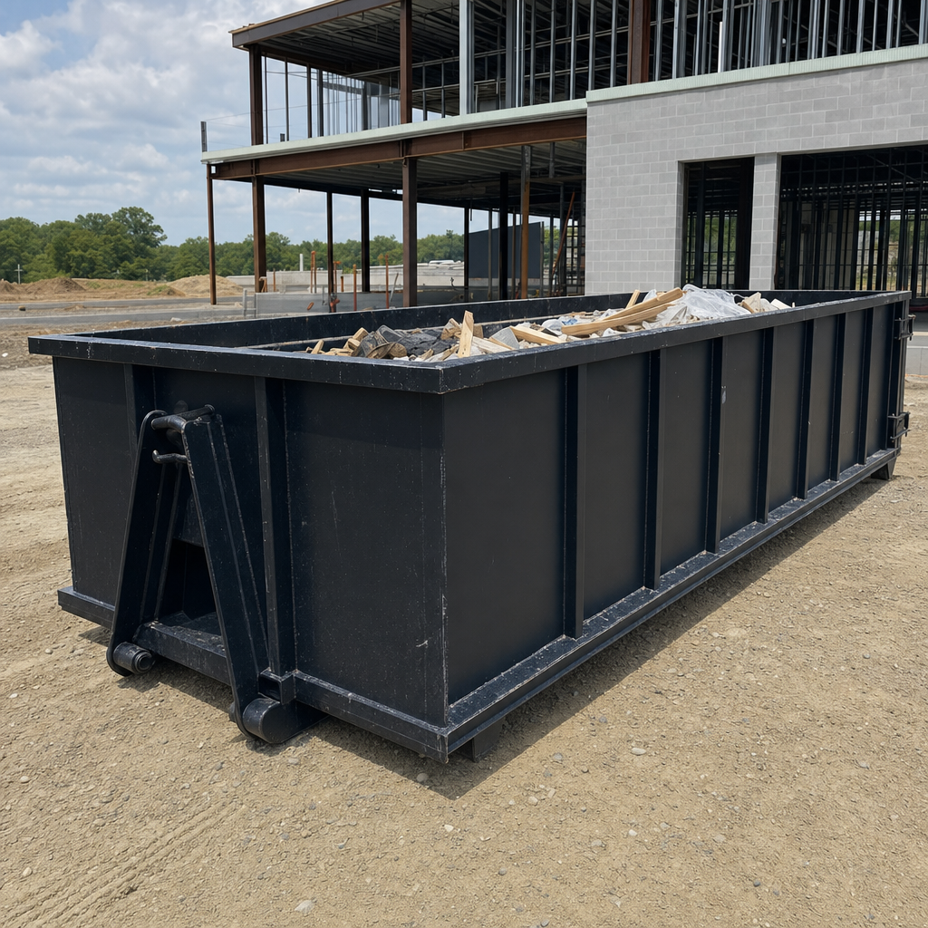 A matte-black 40-yard roll-off dumpster staged on a large Worcester commercial construction lot, with a hooklift delivery truck parked alongside under bright midday sky.