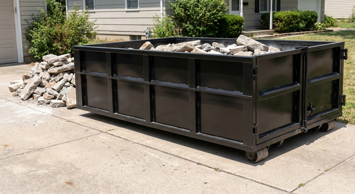 A matte-black low-side heavy-debris roll-off dumpster placed directly on a Worcester concrete driveway, with broken concrete chunks neatly stacked beside it under clean daylight.